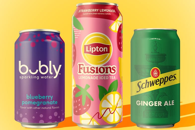 Can If blueberry pomegranate bubly, Lipton Fusions tea, and a can If Schweppes Ginger Ale